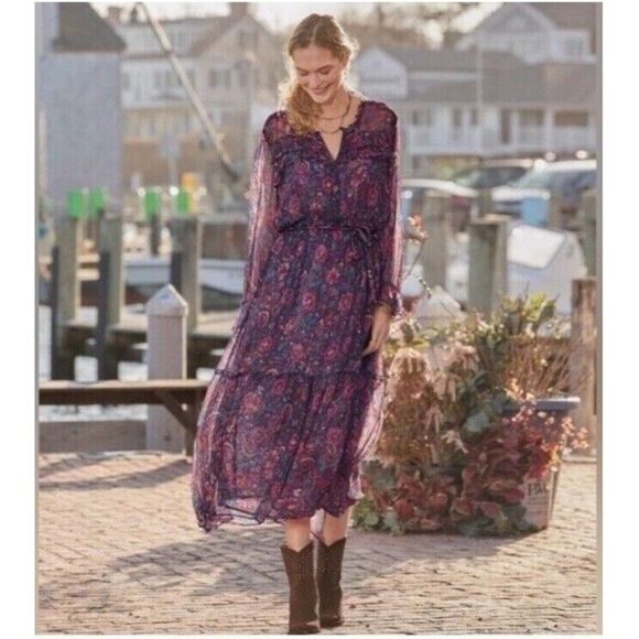 NEW‎ Sundance LITZY BLOOM Midnight Floral Dress Women XXL Tiered Chiffon Boho - Picture 1 of 15